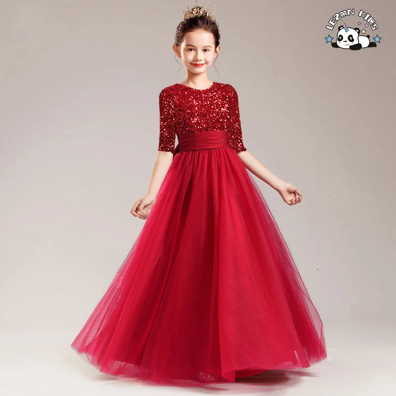 LEZONKIDS - New Arrival Spring Autumn middle sleeve tutu sequin Performance Dress Evening Princess Dress